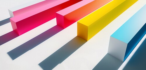 A series of brightly colored, 3D geometric shapes, casting long, dramatic shadows on a stark white...