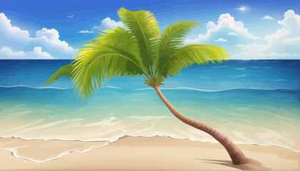 a palm tree on a beach with blue water