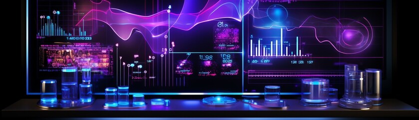 Data analysis dashboard, SEO tools, magnifier, ultraviolet charts, neon interface