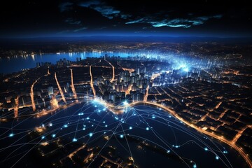 Fototapeta premium Neon web lines across city, night, global network idea, urban digital landscape