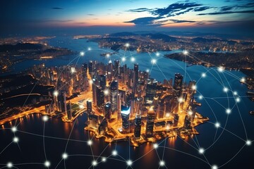 Naklejka premium Skyline, web network overlay, worldwide connectivity, evening, digital city concept