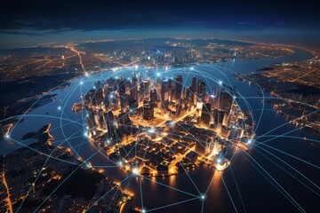 Skyline, web network overlay, worldwide connectivity, evening, digital city concept