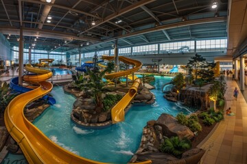 A panoramic view of an indoor water park