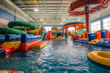 indoor water park with slides and floating toys