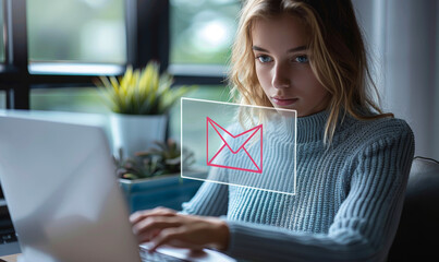 Home Office Women Workspace: Blonde Businesswoman on Laptop with Spam Email Warning Popup - Internet Security Concept