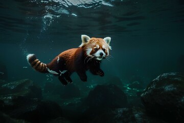 red panda in water