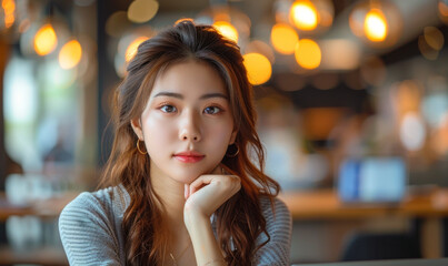 Thoughtful Asian Businesswoman Problem-Solving Work Digital Devices Office Table