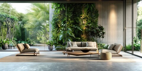Evoke serenity and tranquility with a stock image capturing a Zen-inspired living room, featuring minimalist furniture, earthy tones, and lush greenery creating a harmonious sanctuary