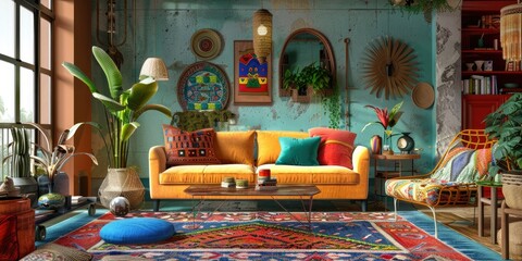 a stock photo of an artistically curated living room, showcasing eclectic decor, vibrant patterns, and a mix of textures, fostering creativity and self-expression in the home