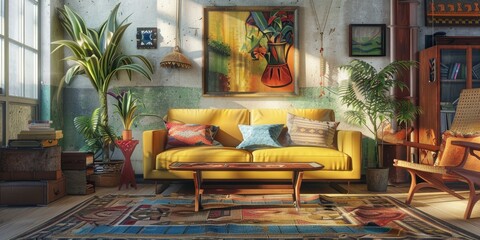 a stock photo of an artistically curated living room, showcasing eclectic decor, vibrant patterns, and a mix of textures, fostering creativity and self-expression in the home