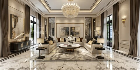 a stock image portraying a chic living room adorned with elegant chandeliers, polished marble floors, and contemporary artwork adorning the walls