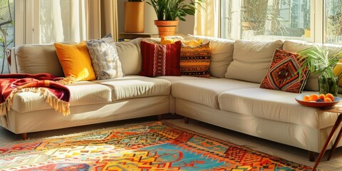 a stock photo of a family-friendly living room boasting oversized sofas, colorful throw pillows, and a vibrant area rug, ideal for gathering and relaxation 