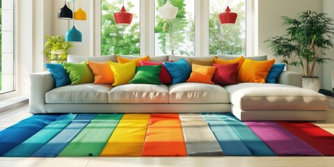a stock photo of a family-friendly living room boasting oversized sofas, colorful throw pillows, and a vibrant area rug, ideal for gathering and relaxation 