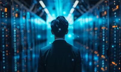 IT Engineer in big database server center office, High Speed Data Transfer, Server Transfer, Technology Science Breakethrough, Progress, Innovation Concept