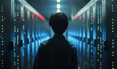 IT Engineer in big database server center office, High Speed Data Transfer, Server Transfer, Technology Science Breakethrough, Progress, Innovation Concept