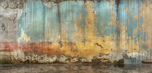 A panoramic shot of a weathered, painted wall, its once vibrant colors faded and streaked with rainwater stains, telling the story of exposure to the elements over time. 