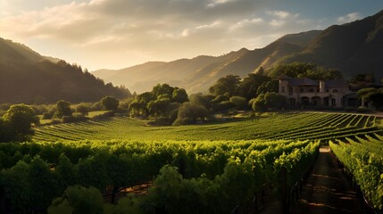 Panoramic view of a vineyard in the late afternoon sun