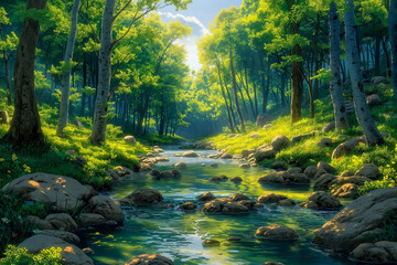 Serene forest stream with lush greenery - obrazy, fototapety, plakaty