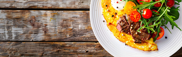 Omelette with cheese green herbs Food Recipe and Delicious on a woodey background
 - obrazy, fototapety, plakaty