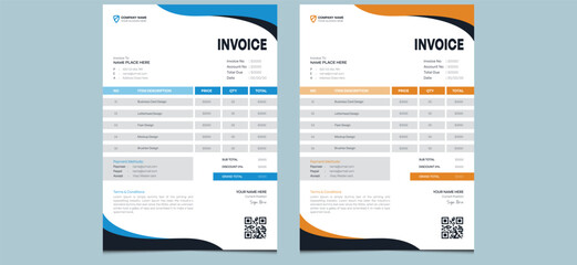 Editable clean simple unique minimal company modern creative corporate professional stationery office money blue orange bill form business invoice template design.