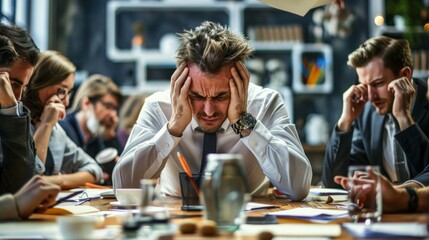 A business meeting with participants looking stressed and overwhelmed by the heated discussion