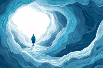 A person is walking through a blue cave with a light shining through - obrazy, fototapety, plakaty