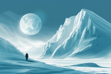 A man is walking in the snow in front of a large mountain - obrazy, fototapety, plakaty