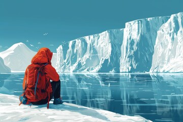 A man in an orange jacket sits on a snowy mountain overlooking a body of water - obrazy, fototapety, plakaty