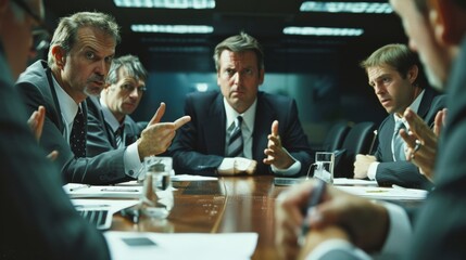 An intense boardroom scene with team members clashing over differing opinions and corporate directions
