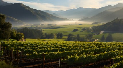 panorama of vineyard in morning light with fog and mountain background