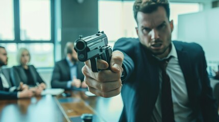 Emergency response to a violent incident in a corporate meeting room where a weapon is brandished during a heated argument