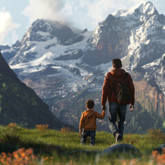 Fototapeta na wymiar Father and the little son walking in grass, back side mountains, Fathers and son traveling Background
