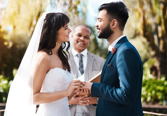 Happy couple, wedding and holding hands with priest for vows, marriage or support at alter in trust...