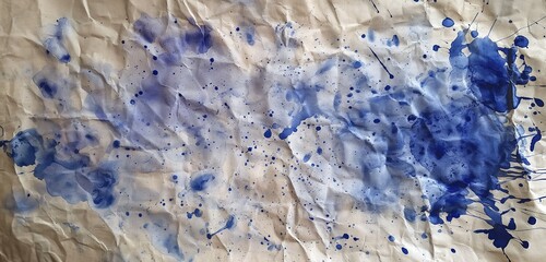 A sheet of handmade paper, its texture rich and inviting, adorned with the accidental art of spilled, azure ink, creating an organic and dynamic pattern of creativity and chance. 