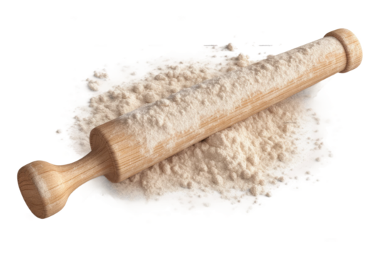 Magical Flour-filled Wooden Rolling Pin on White or PNG Transparent Background.