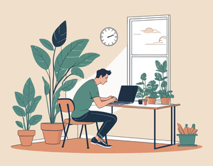 Vector illustration of an indoor plant sitting on a table where a young man is sitting in a chair and using a laptop at his desk