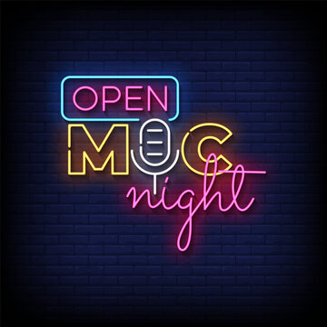 open mic night neon Sign on brick wall background vector