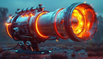 A large, steampunk-style cannon is mounted on a tripod. The cannon is made of riveted metal and has a glowing orange core. The cannon is pointed at the viewer.