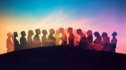 Diverse Community in Colored Silhouette: Team of People in Friendship Concept, Multiple Exposure Profile of Various Ages Talking and Engaging, Large Group with Vibrant Faces, Symbolizing Unity