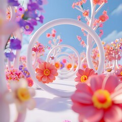 Flowers grow out of white rings 3d style