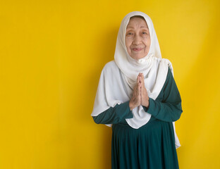 Cheerful Elderly Asian Woman Showing Welcoming Gesture And Greeting