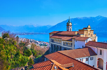 Madonna del Sasso Sanctuary roofs against Lake Maggiore, Orselina, Switzerland