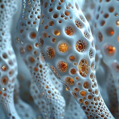Create a 3D render of an organic structure with a cellular pattern and glowing yellow nodes - obrazy, fototapety, plakaty