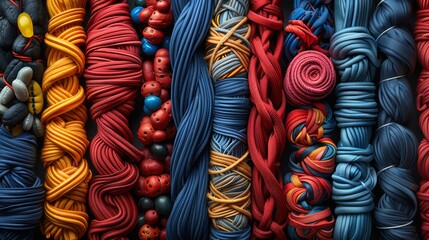 A variety of ropes and cords are neatly coiled and displayed.