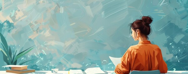 Focused Woman in Orange Shirt Reading Documents at Desk Amidst Abstract Background - obrazy, fototapety, plakaty