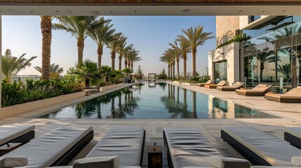 Fototapeta premium An elegant swimming pool terrace with modern loungers, framed by palm trees against a clear sky