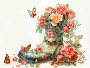 Bright pastel watercolor composition of a stylish boot filled with fresh roses and accompanied by delicate butterflies, artistically rendered on a white background - obrazy, fototapety, plakaty