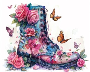 Hand drawn watercolor of an elegant boot adorned with roses and fluttering butterflies, painted in bright pastels on a white background, capturing a French aroma concept - obrazy, fototapety, plakaty