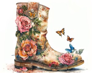 Watercolor illustration featuring a boot decorated with vibrant rose flowers and playful butterflies, set against a white canvas in luminous pastels, perfect for evoking a quaint French essence - obrazy, fototapety, plakaty