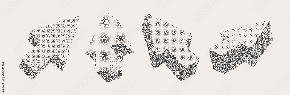 Poster retro futuristic 3d elements in pixel style. shapes set with arrows or pointers. vector illustration